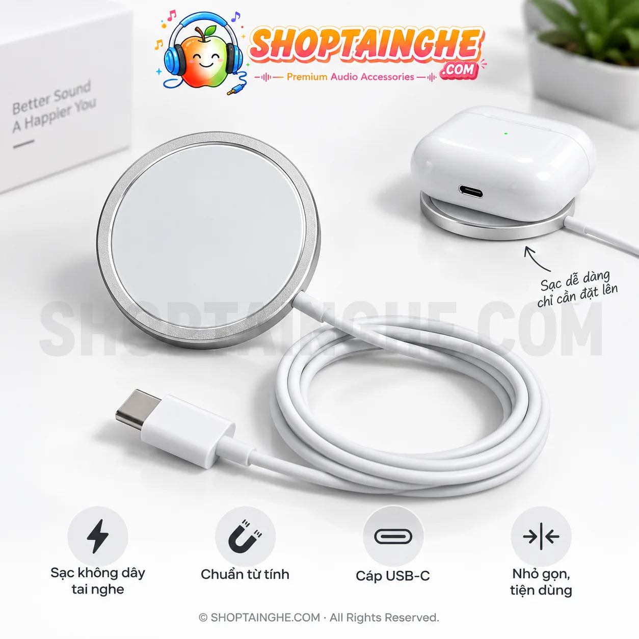 Sạc Không Dây Tai Nghe & Điện Thoại 15W – Cáp USB-C 1M