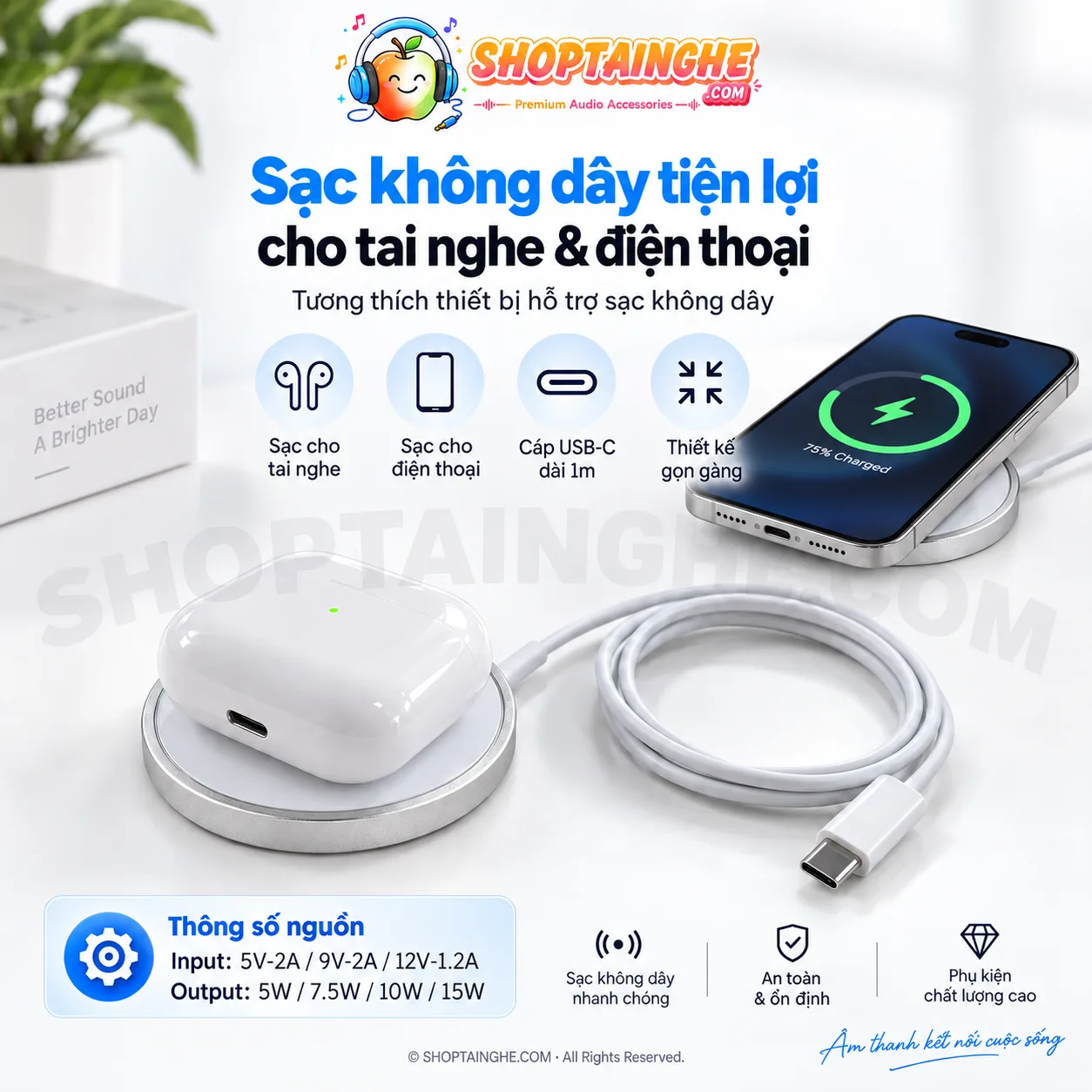 Sạc Không Dây Tai Nghe & Điện Thoại 15W – Cáp USB-C 1M