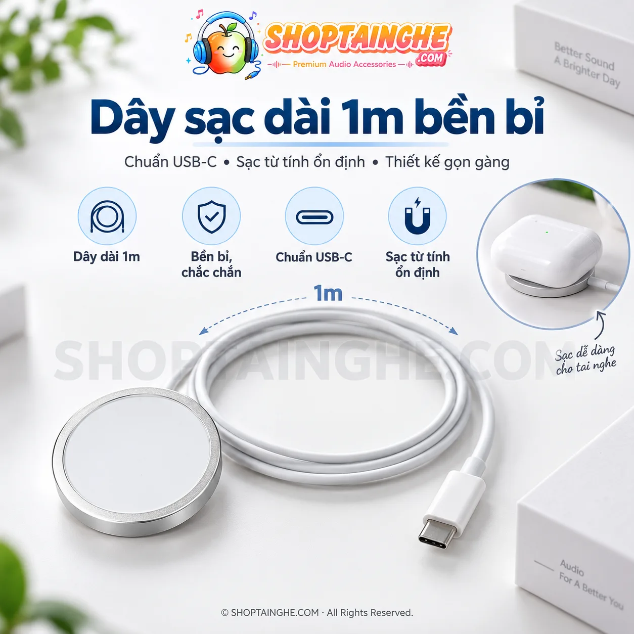 Sạc Không Dây Tai Nghe & Điện Thoại 15W – Cáp USB-C 1M