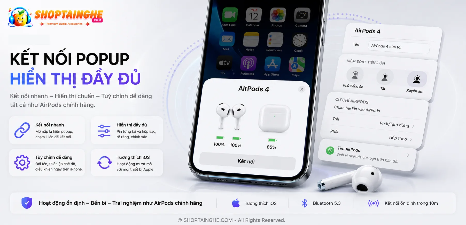 Tai Nghe AirPods 4 Rep 1:1 Cao Cấp 4 Airpods 4 Kết Nối Popup Hiển Thị đầy đủ