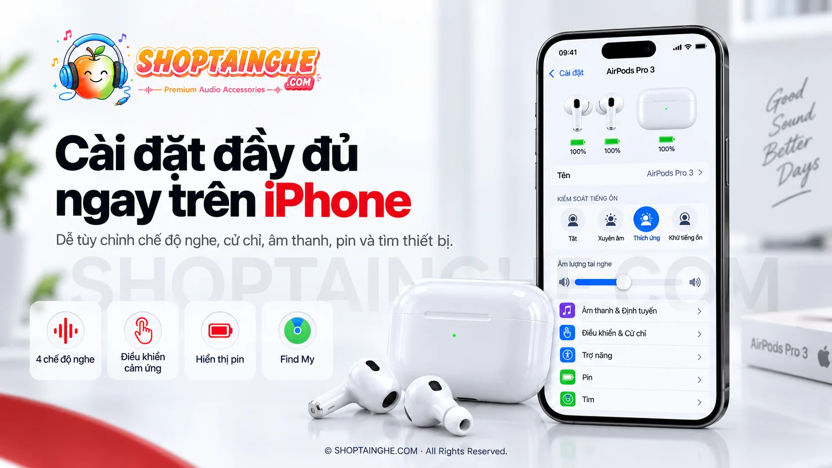 Tai Nghe AirPods Pro 3 Rep 1:1 Cao Cấp 4 Airpods Pro 3 Rep Cài đặt đầy đủ Trên Iphone Gống Hàng Chính Hãng