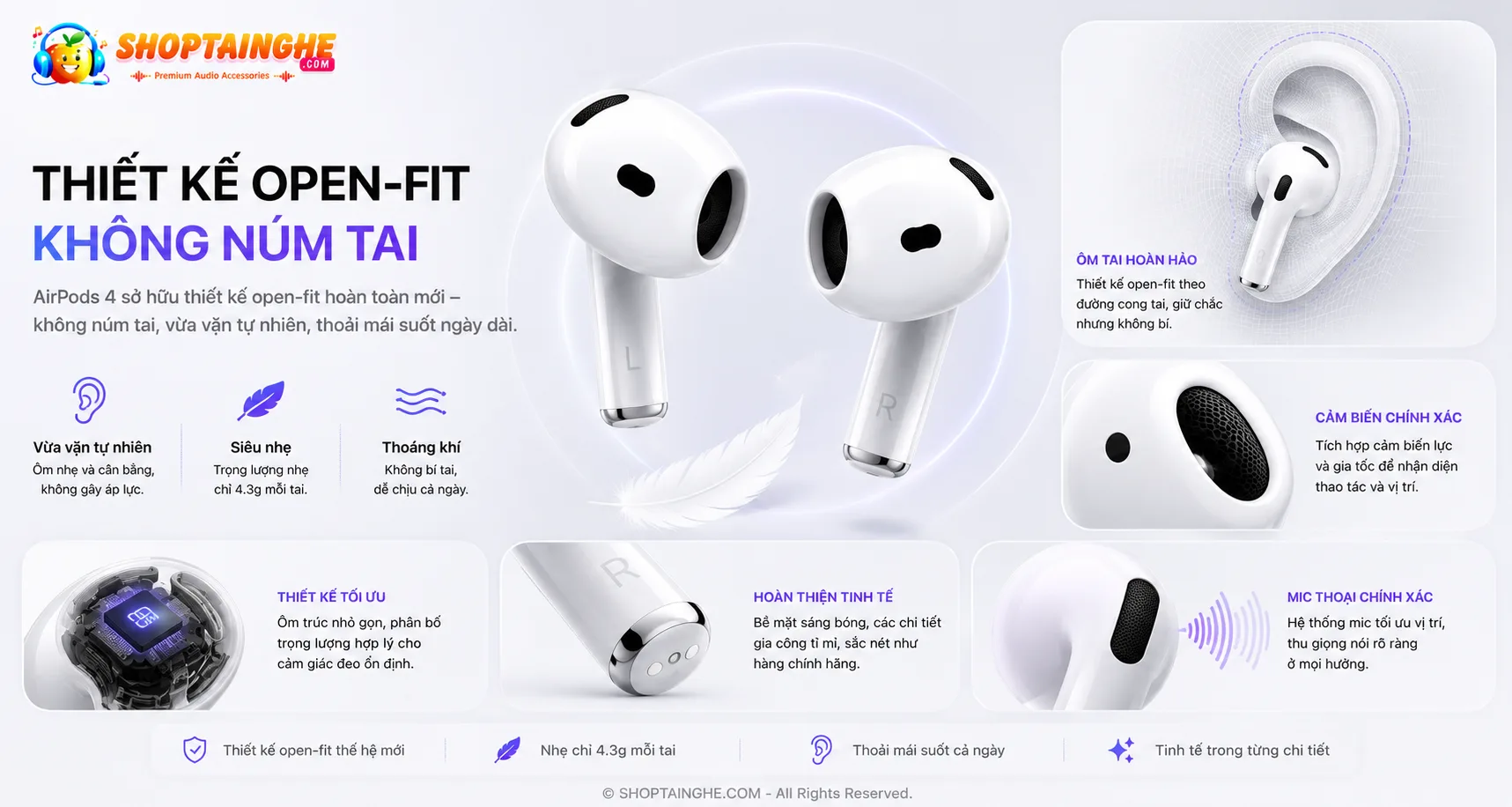 Tai Nghe AirPods 4 Rep 1:1 Cao Cấp 1 Đeo Airpods 4 Vừa Vặn Không Cần Núm Tai