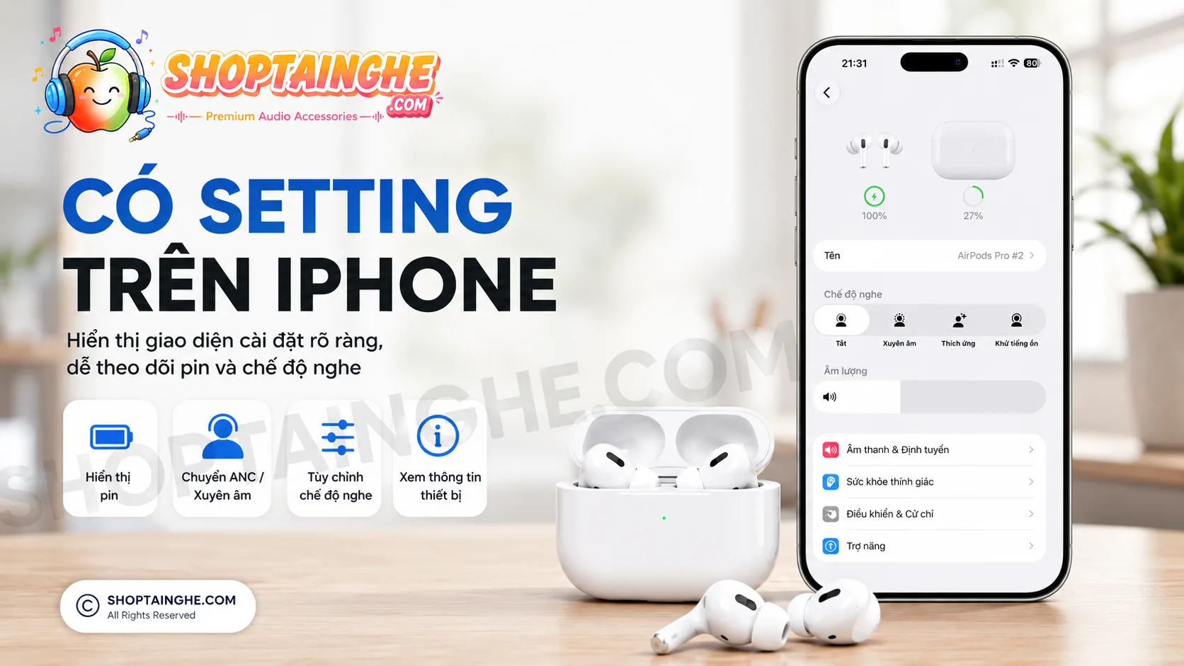 Tai Nghe AirPods Pro 2 Rep 1:1 Cao Cấp 4 Tai Nghe Airpods Pro 2 Có Setting đầy đủ Trên Iphone Giống Hàng Chính Hãng